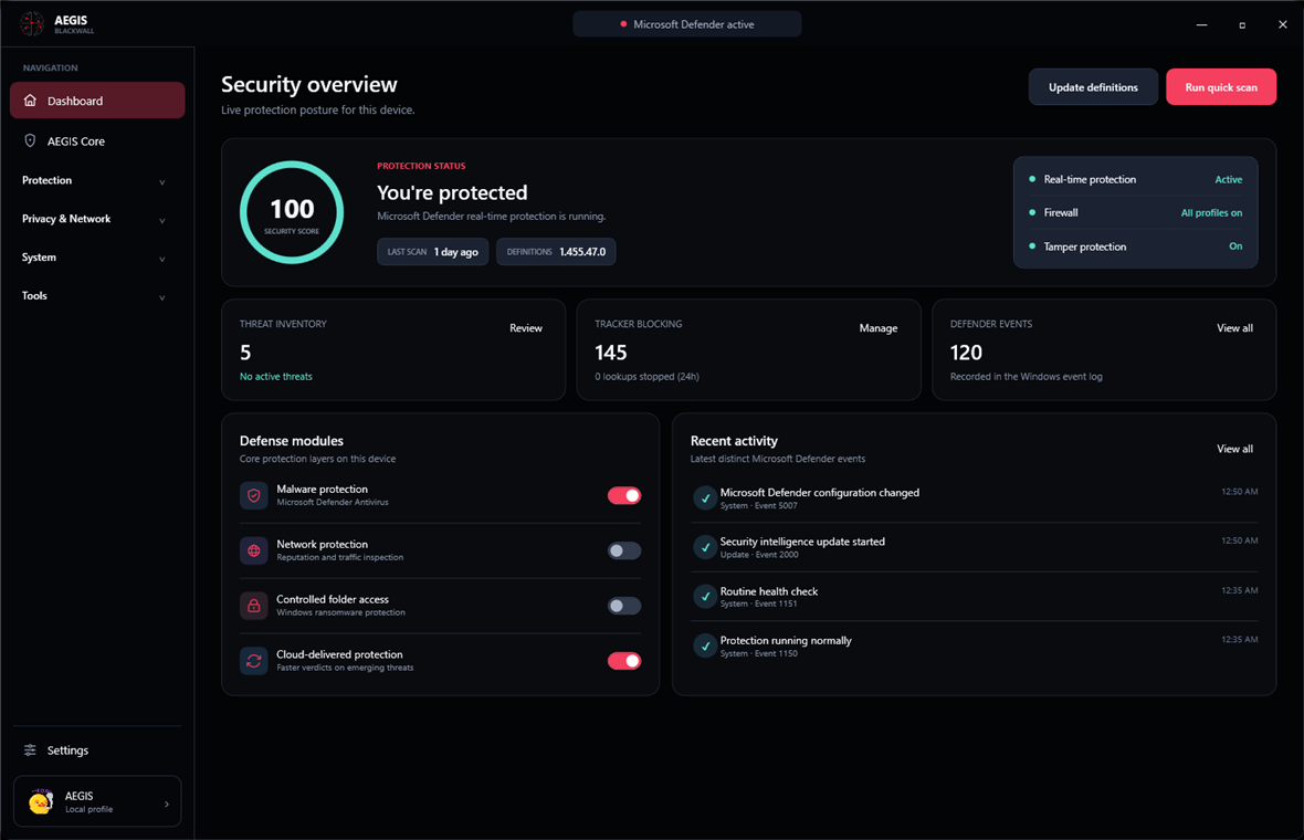AEGIS Blackwall dashboard showing a 100 security score ring, live shield checklist, threat inventory, tracker blocking, and recent Defender activity