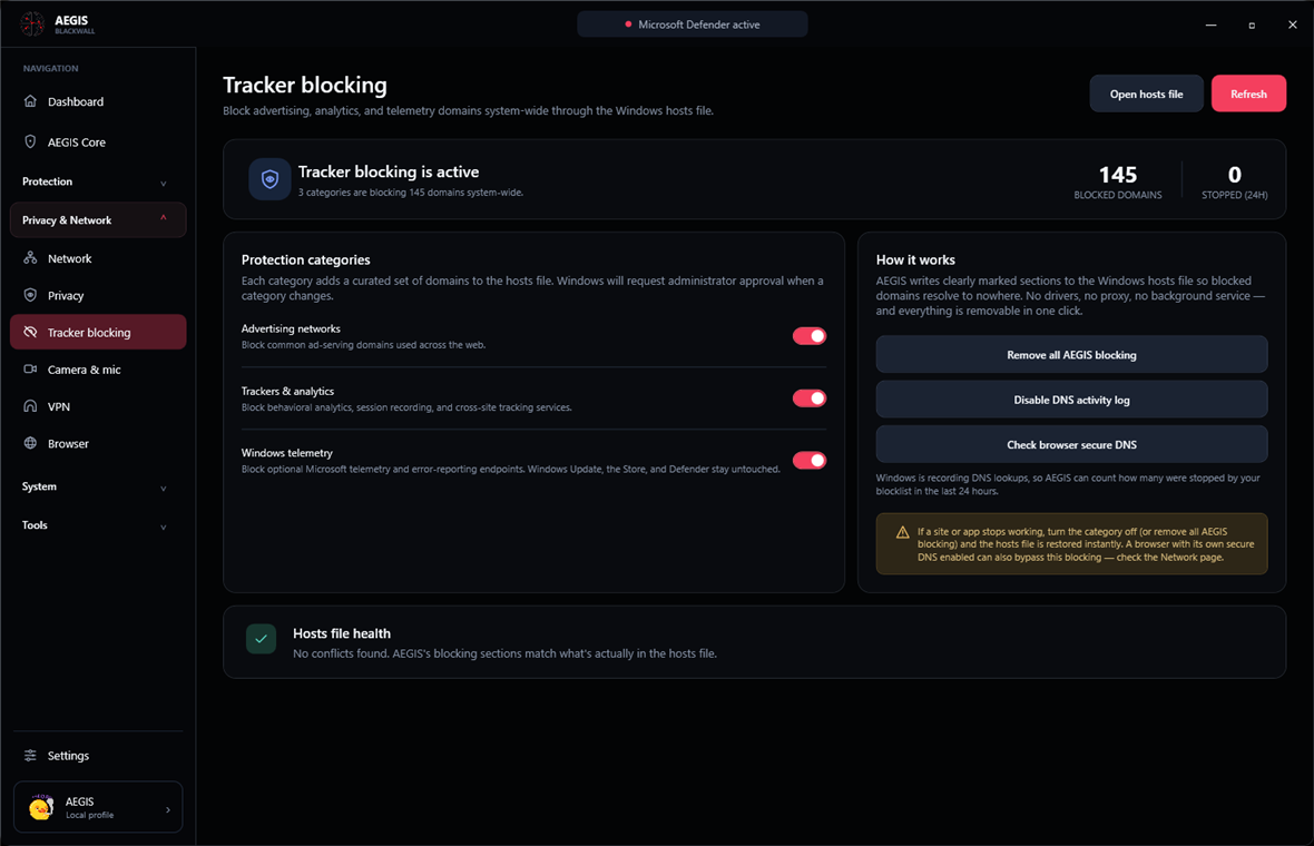 AEGIS Blackwall tracker blocking page with advertising, analytics, and telemetry categories enabled, a live blocked-domain count, and a hosts file health check confirming no conflicts